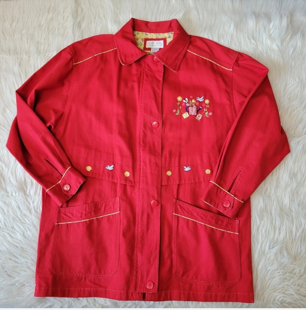 Casey Coleman Embroidered Collared Denim Jacket Red Size M / L Flowers Gardening